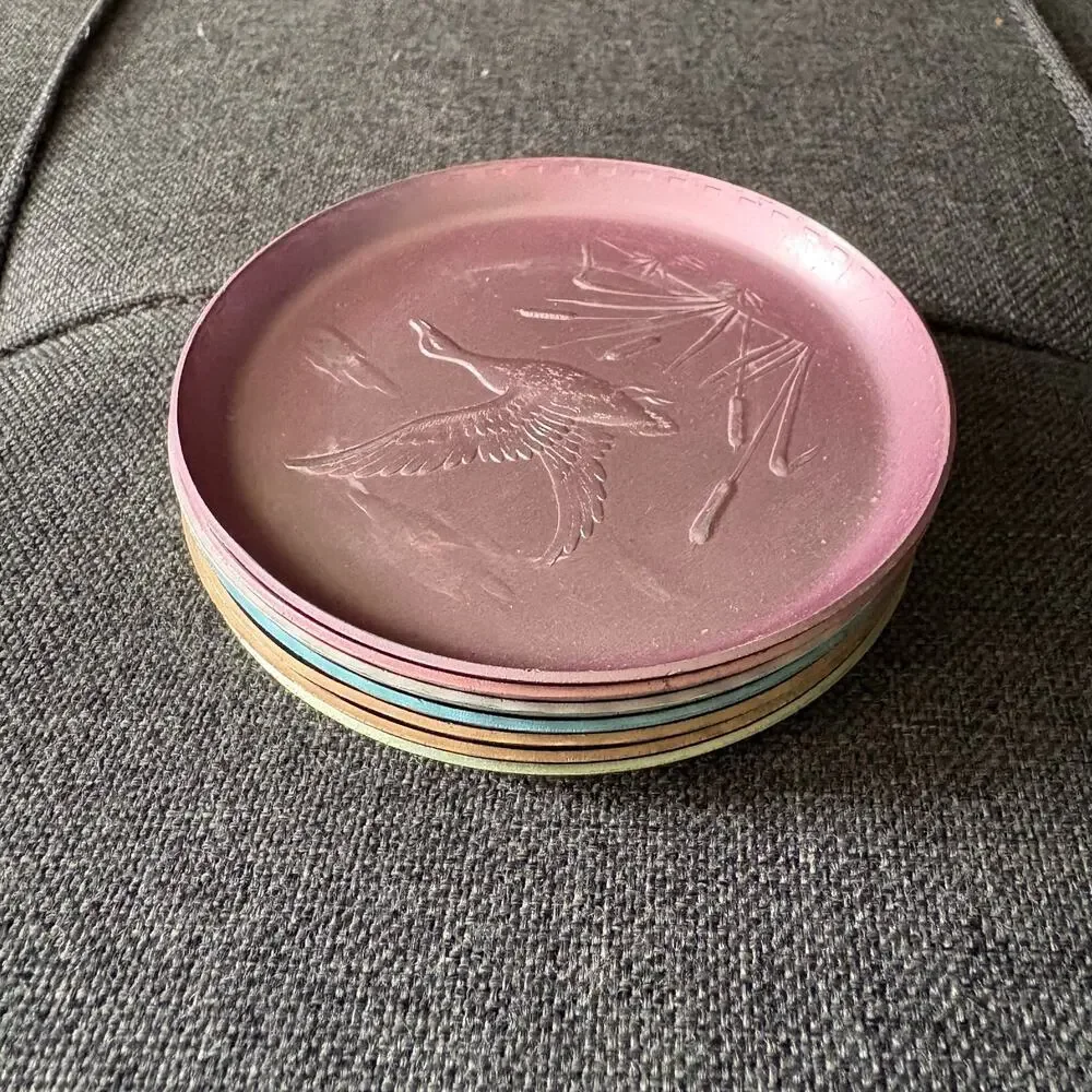 Vintage Aluminum Duck Coasters Mid Century Modern Colorful - Retro Barware - S/7